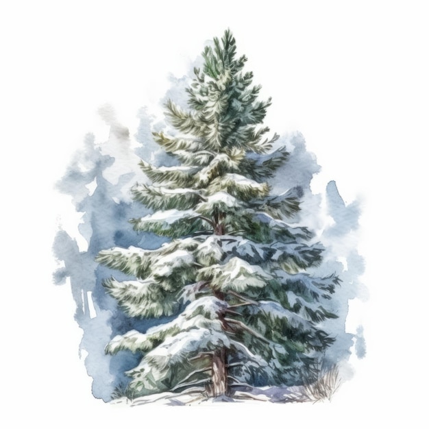 Акварельная рождественская елка со снегом