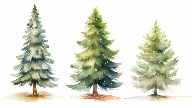 Watercolor Christmas trees set Hand drawn illustration isolated on white background Generative AI