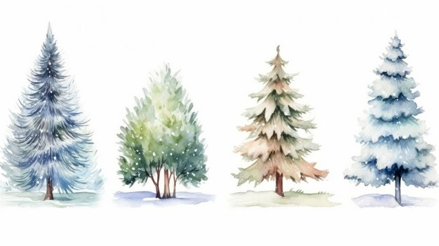 Watercolor Christmas trees set Hand painted illustration isolated on white background Generative AI