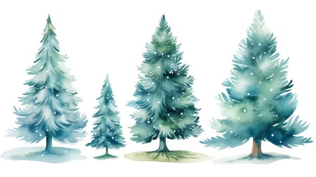 Watercolor Christmas trees set Hand painted winter illustration isolated on white background Generative AI