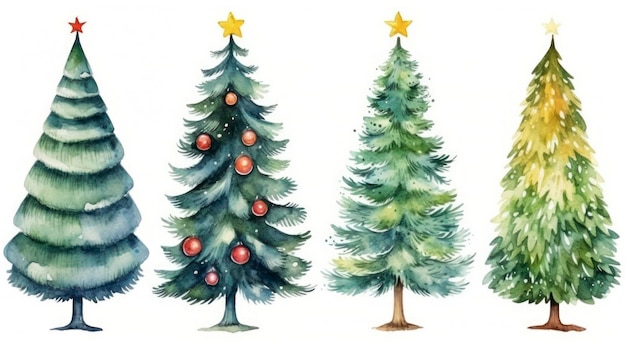 Watercolor Christmas trees set isolated on white background Hand drawn illustration Generative AI