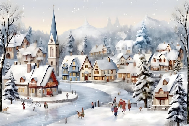 watercolor Christmas village with people snow and Christmas tree