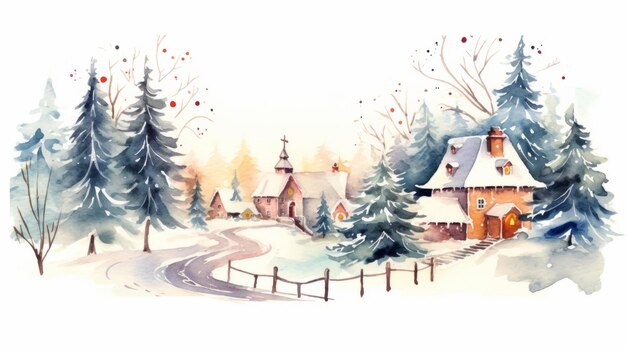 Photo watercolor christmas white background scene generative ai