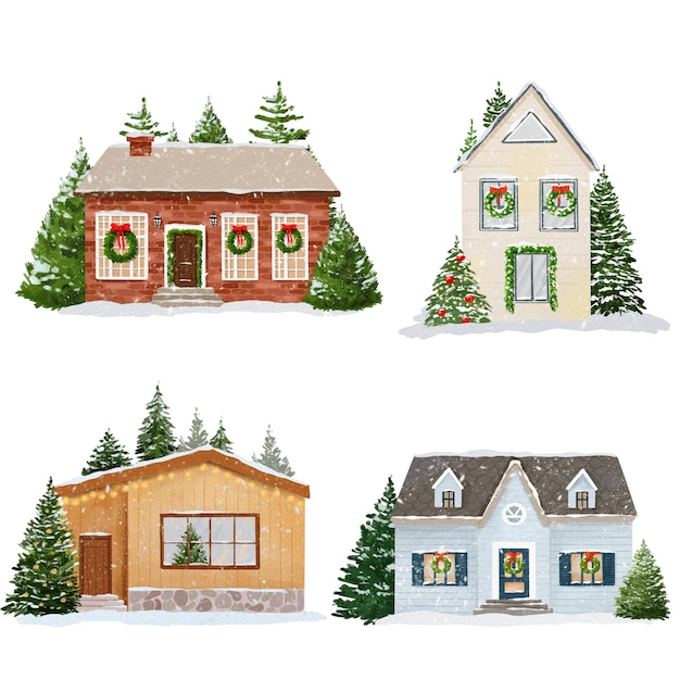 Watercolor christmas winter house illustration