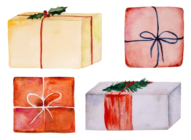 Photo watercolor christmas wrapped presents with a bow isolated illustration winter greeting card elements