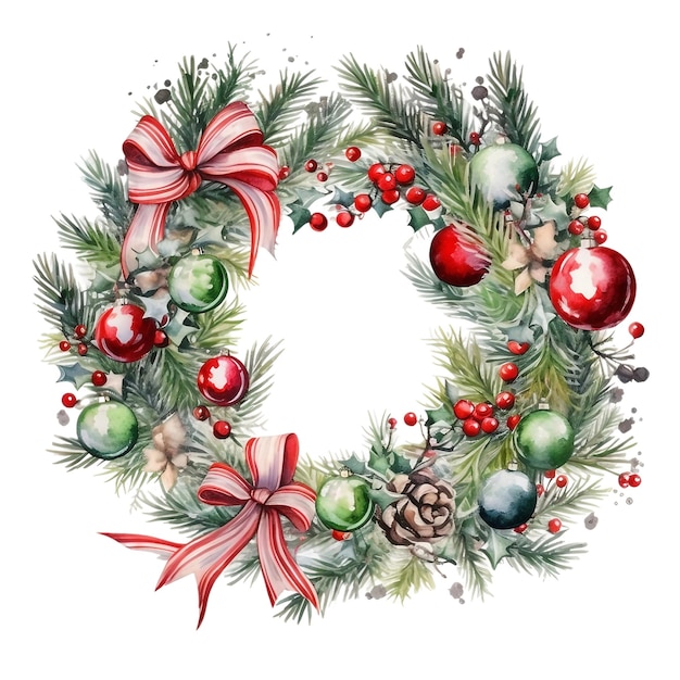 Watercolor christmas wreath decorated with baubles and stars on white background