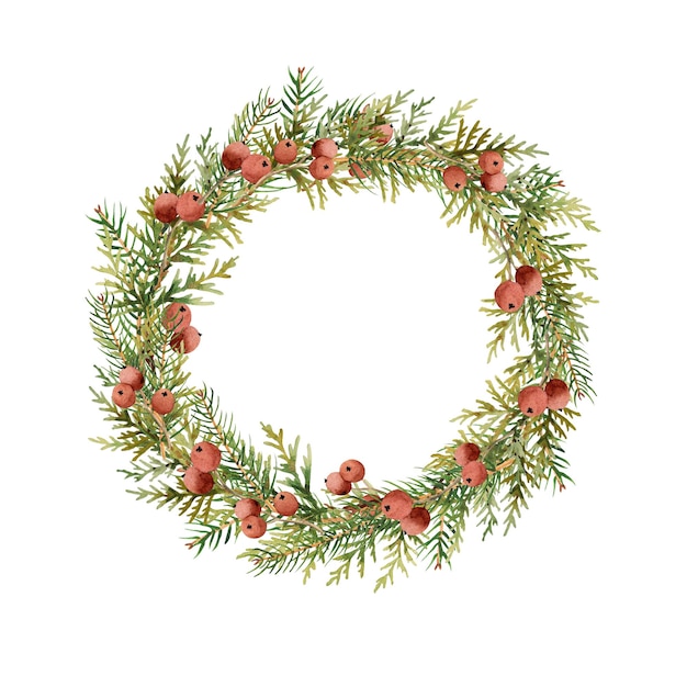 Watercolor christmas wreath with evergreen branches of spruce and thuja