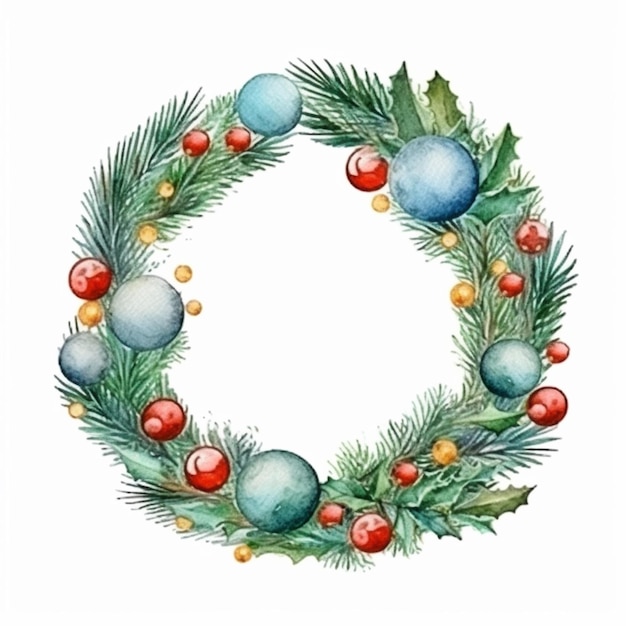 a watercolor christmas wreath with ornaments and holly leaves generative ai