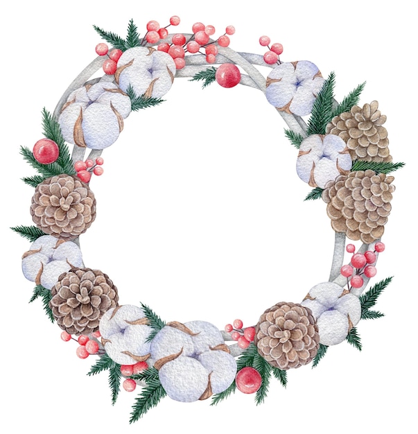 Watercolor christmas wreath with pine cone cotton and berries template design handdrawn winter illus