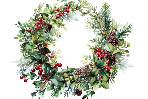 Watercolor Christmas Wreath With Pine Cones and Berries On a Clear PNG or White Background