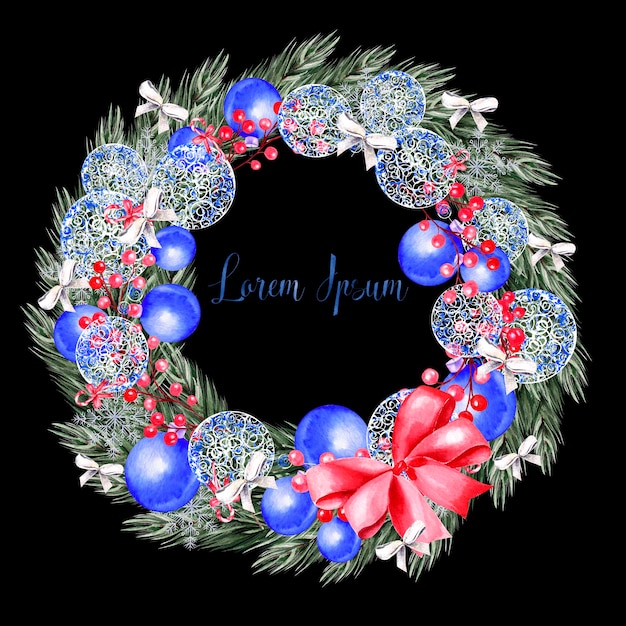 Watercolor Christmas wreath with toys, bow, berries and pine. Illustration for greeting cards and invitations.