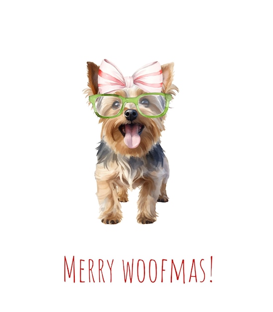 Watercolor Christmas yorkshire terrier dog Xmas dog in hat tie and bow Merry Christmas yorkshire