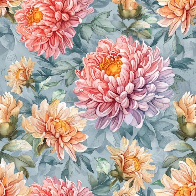 Watercolor chrysanthemum flower with leaves seamless pattern