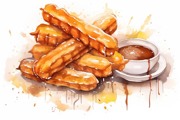 Foto churros ad acquerello con salsa di cioccolato su sfondo bianco cibo tradizionale messicano latinoamericano