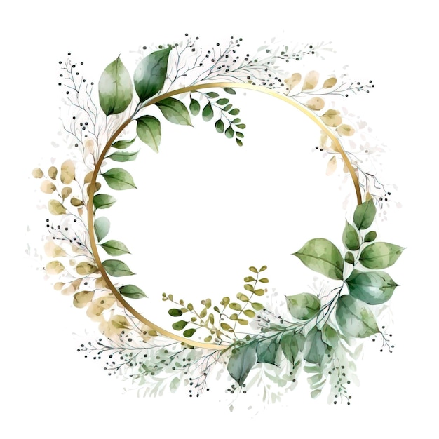 Watercolor circle frame with green leaves and branches.