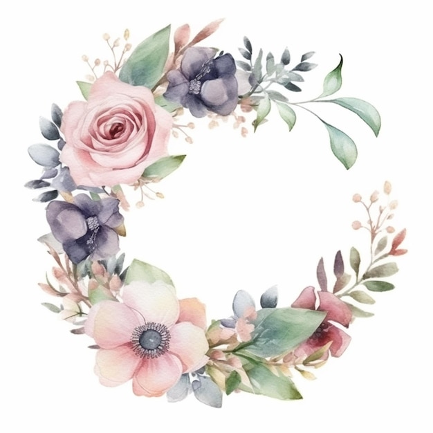 Watercolor circle frame with a pink flower