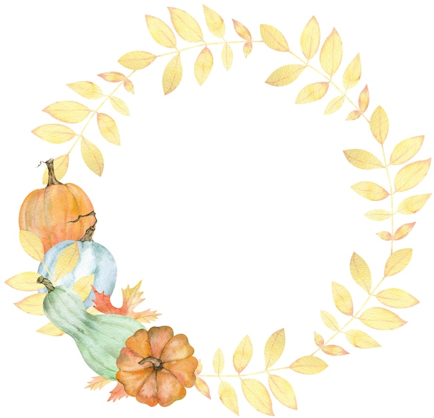 Watercolor circle frame with pumpkins, branches and autumn leaves. Thanksgiving template. Harvest concept.