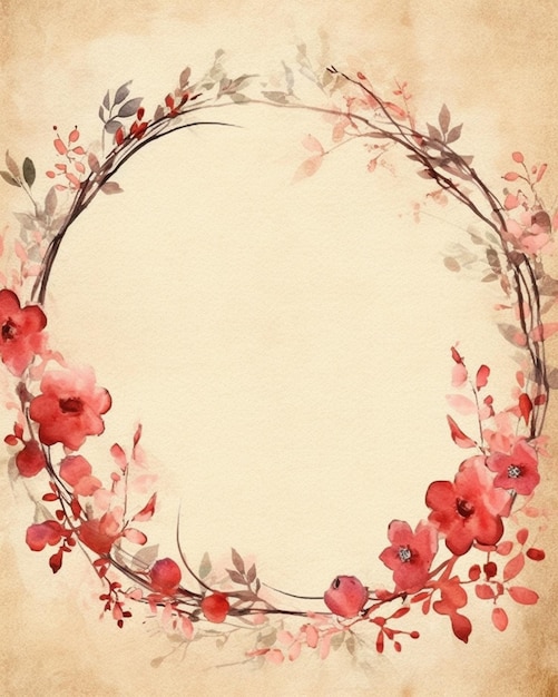 A watercolor circle frame with red flowers and leaves.