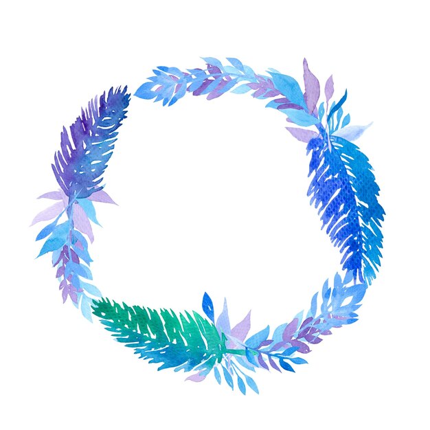 Photo a watercolor circle with a blue and green leaves.