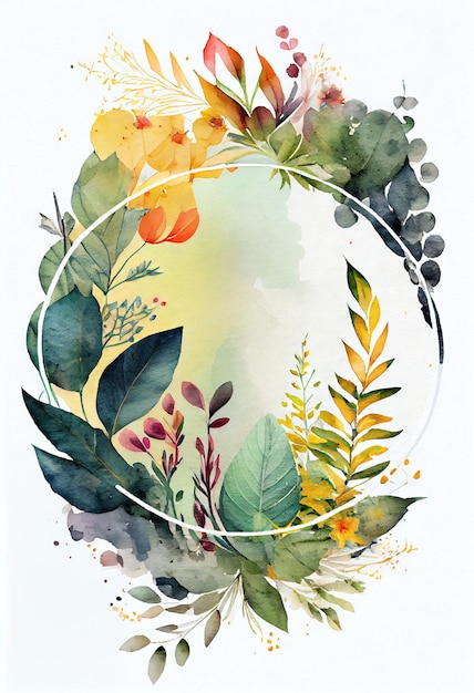 A watercolor circle with a floral frame.