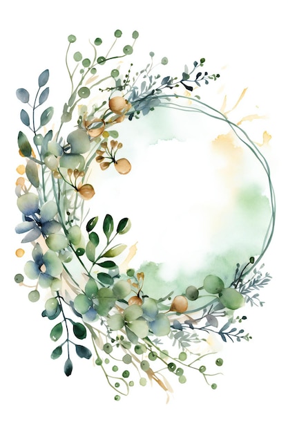 A watercolor circle with green and blue flowers.