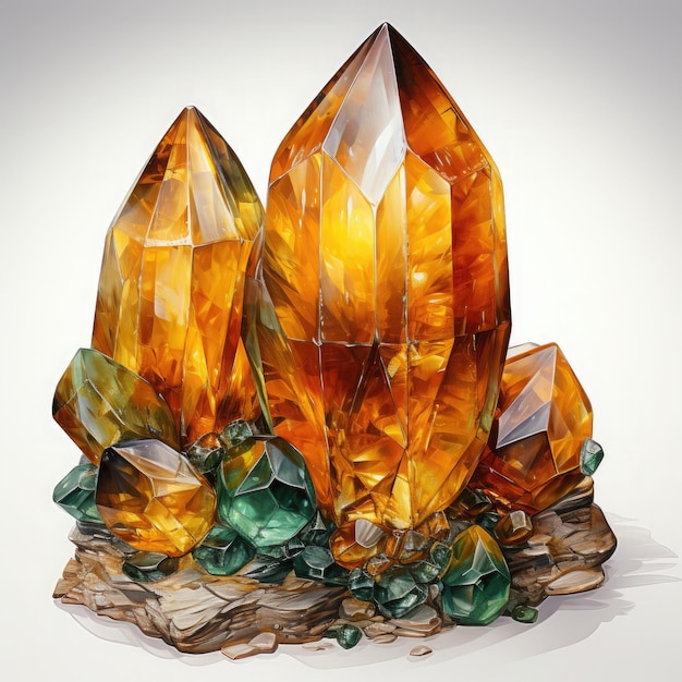 Watercolor Citrine Crystal and Gemstones Clipart illustration Generative Ai