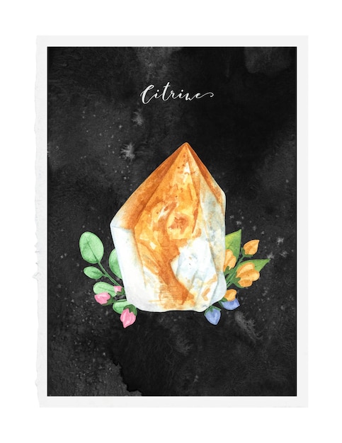 Watercolor citrine stone with floral elements and leaves on black background