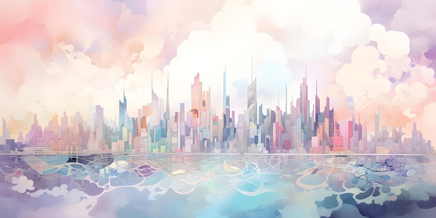 Watercolor Cityscape with skyscrapers and cloudy sky illustration