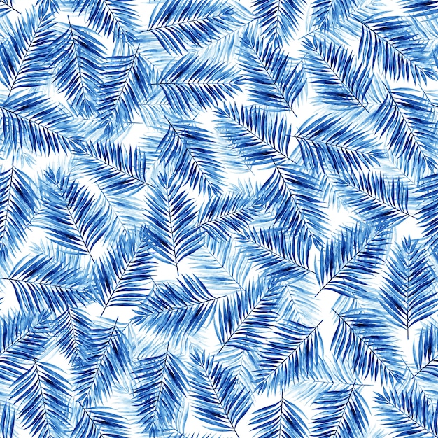 Watercolor classic blue palm leaves. Seamless pattern.