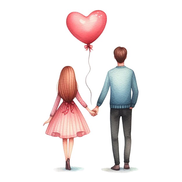 A watercolor clip art of a couple holding hands with a heartshaped balloon