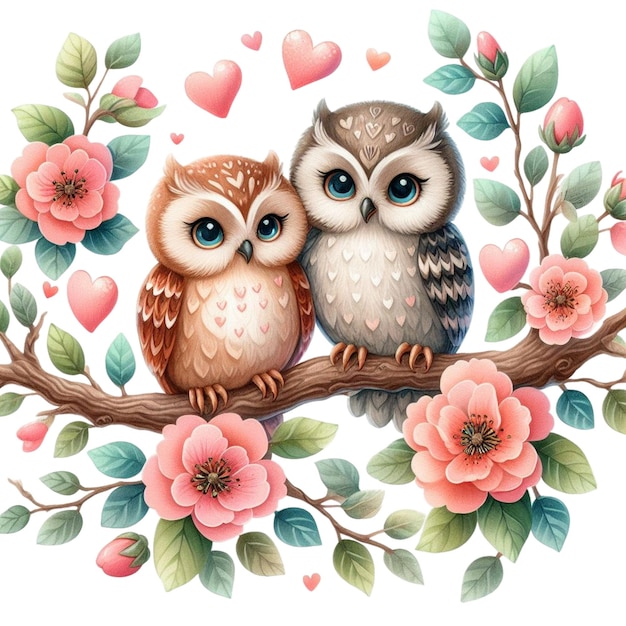 Watercolor clip art of two owls on a branch with heartshaped flowers