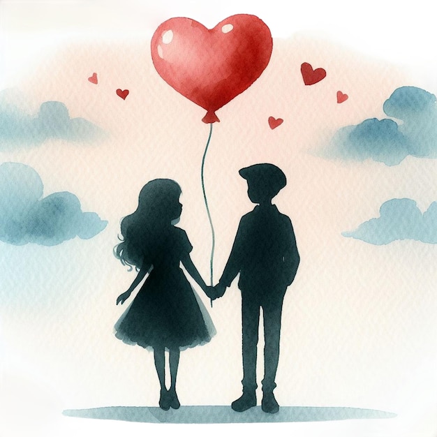 A watercolor clip art of two silhouetted figures with a heartshaped balloon
