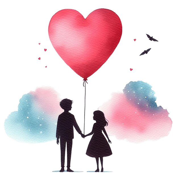 Photo a watercolor clip art of two silhouetted figures with a heartshaped balloon