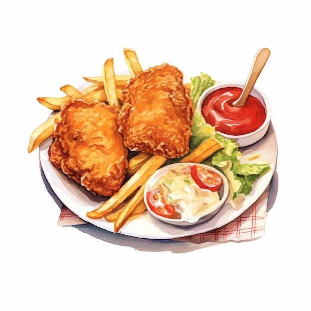 Watercolor Clipart Of Crispy Fried Chicken And Chips