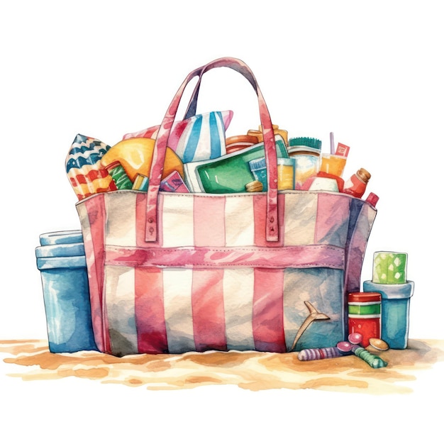 Watercolor Clipart Cute Cartoon Beach Bag