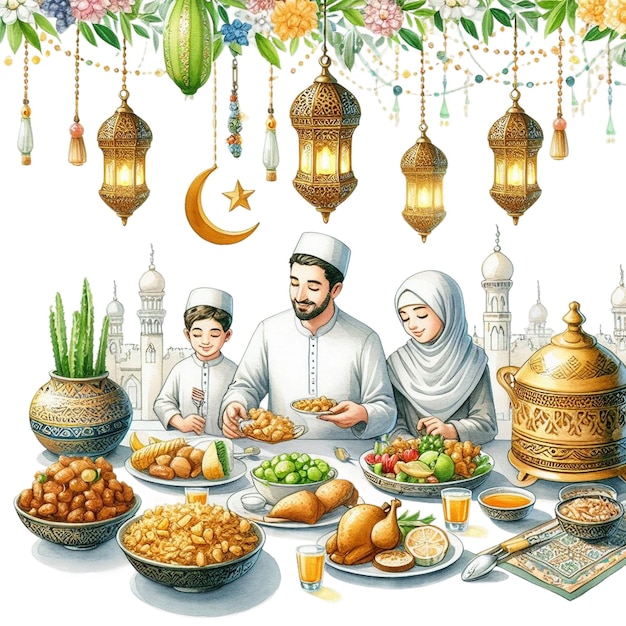 watercolor clipart of a family iftar breaking of fast scene with a table adorned with delicious