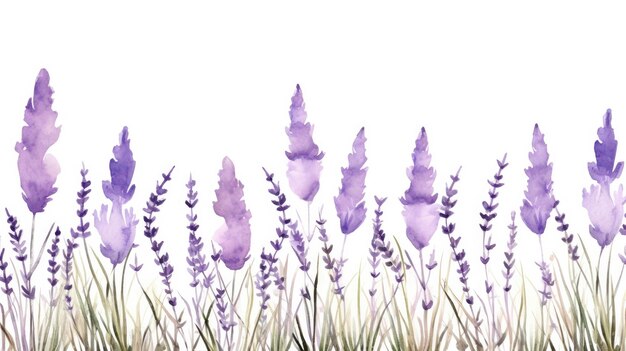 Watercolor clipart of many lavender flowers with a few straight standing stalks in a large patch