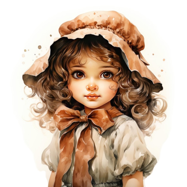 Watercolor Clipart Old fashioned Doll with Curly Hair and a Bonnet