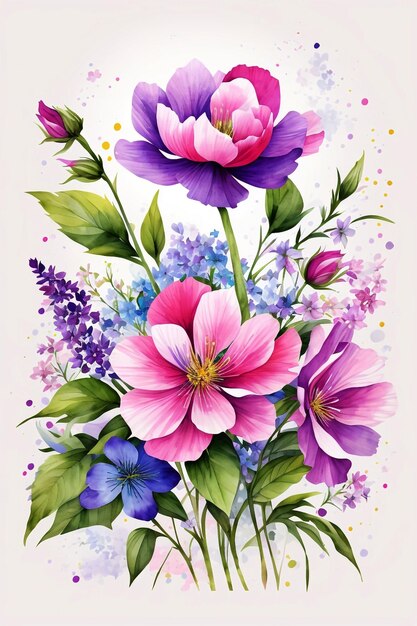 Фото Акварель клипарт картина фиолетово-розово-голубого дикого цветка