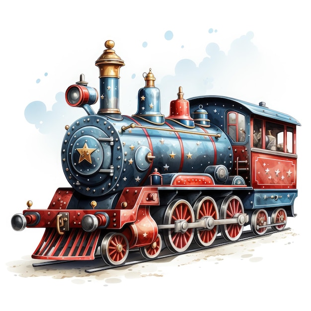 Watercolor Clipart Retro Train with Polka Dot Pattern on white background