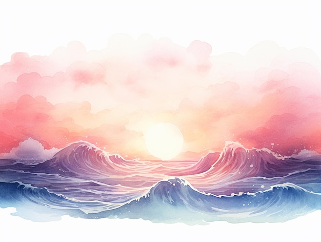 watercolor clipart of a serene sunrise scene with gentle watercolor waves