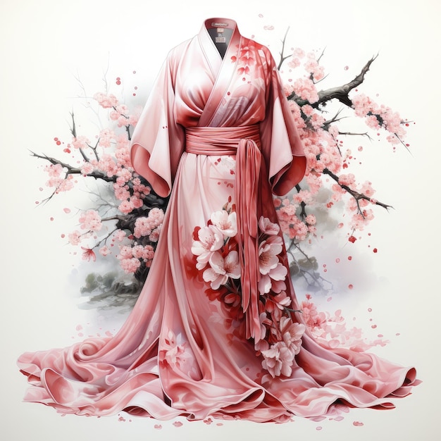 Watercolor Clipart Traditional Japanese Kimono with Cherry Blossom Motifs