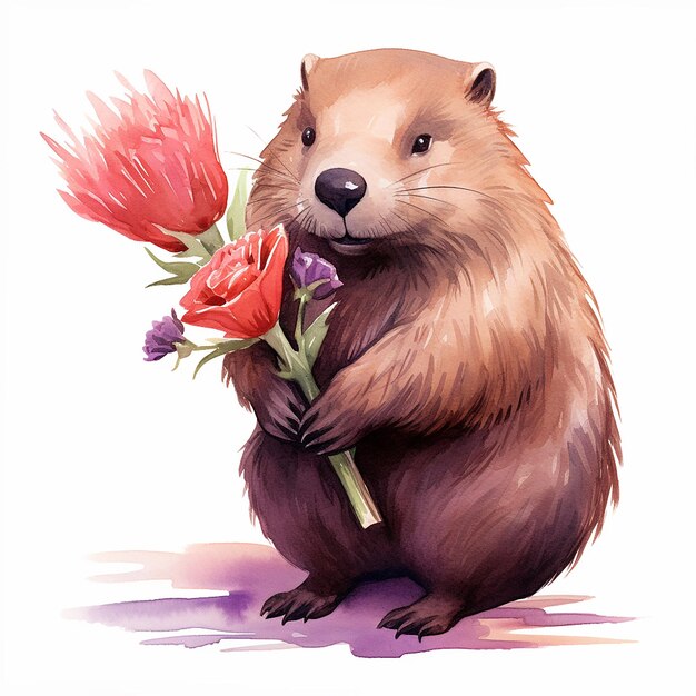 Watercolor Clipart of Valentine Beaver