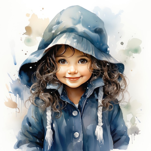 Watercolor clipart on white background a cute girl in blue raincoat