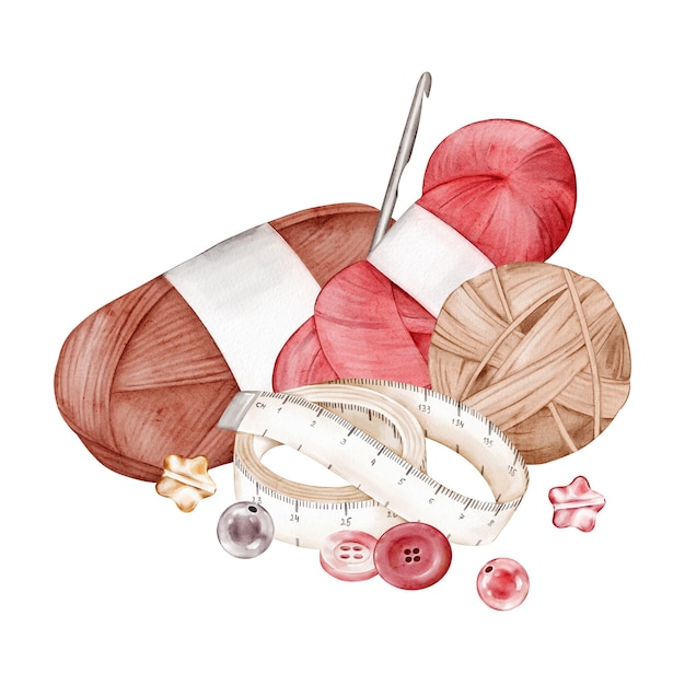 Watercolor clipart with ball of thread skein of yarn crochet hook centimeter ribbon buttons beads