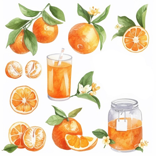 Watercolor clipart with tangerine Tangerine branches and leaves tangerine juice half a tangerine