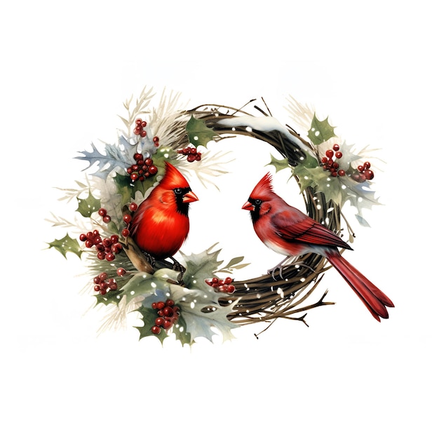 수채화 클립 아트 크리스마스와 겨울 붉은 새 추기경