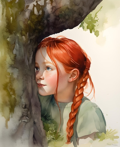 watercolor closeup anne of green gables with red pigtails hugging a tree