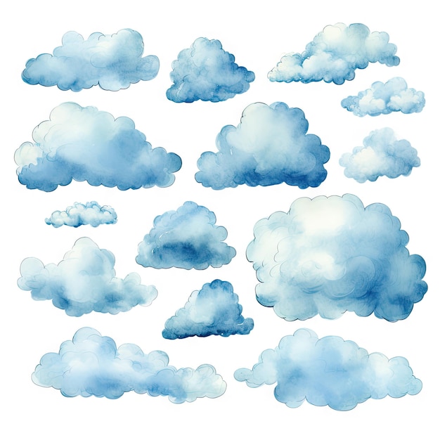 Watercolor Cloud Set Isolated Aquarelle Clouds Creative Watercolor Blue Sky on White Background Cloudy Sky Rainy Snow Weather Watercolour Drawing Generative AI Illustration