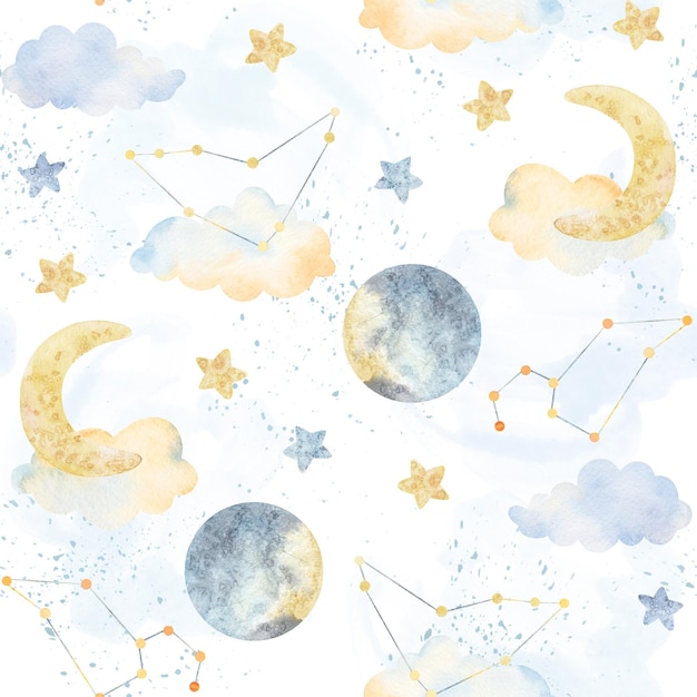 Watercolor clouds moon stars decorative elements Watercolor illustrations clip art for nursery decorations Background print wear design baby shower kids cards linens wallpaper textile